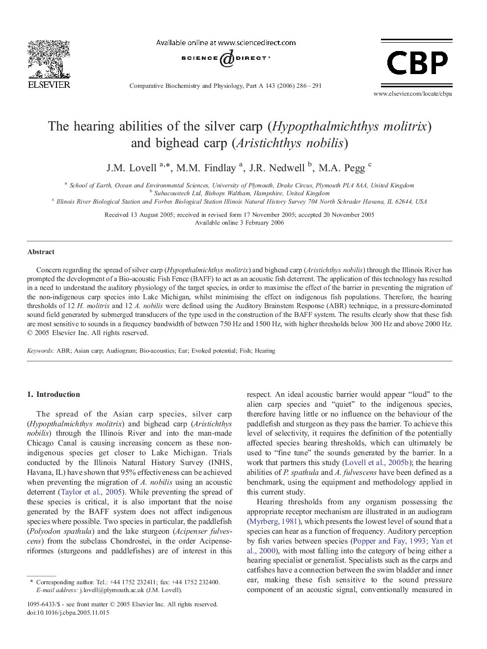 The hearing abilities of the silver carp (Hypopthalmichthys molitrix) and bighead carp (Aristichthys nobilis)