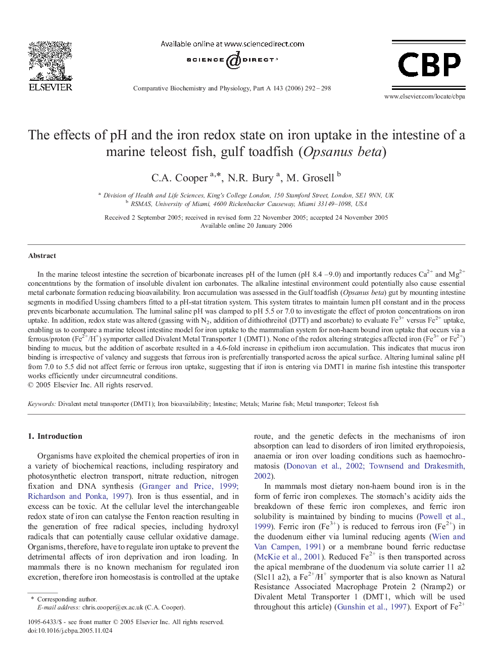 The effects of pH and the iron redox state on iron uptake in the intestine of a marine teleost fish, gulf toadfish (Opsanus beta)