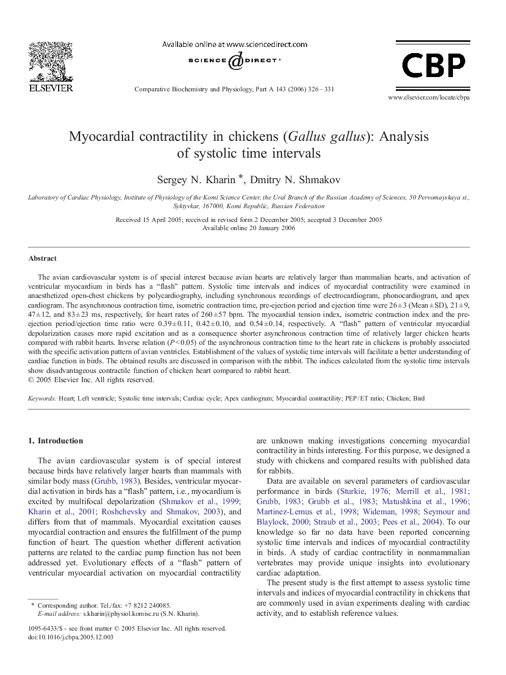 Myocardial contractility in chickens (Gallus gallus): Analysis of systolic time intervals