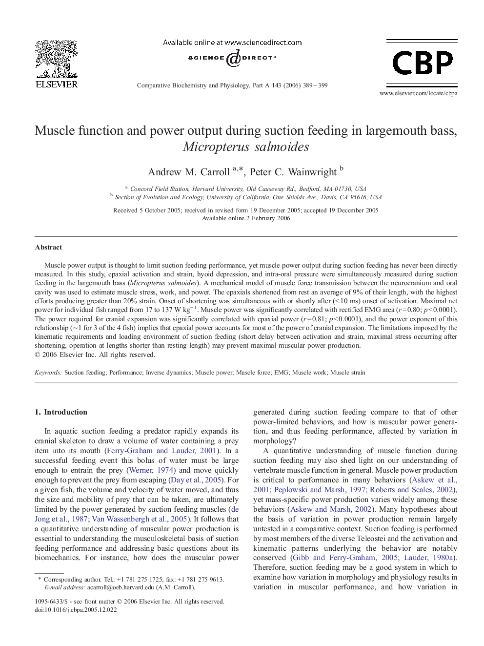 Muscle function and power output during suction feeding in largemouth bass, Micropterus salmoides