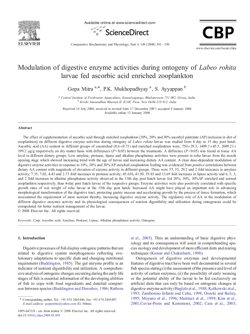 Modulation of digestive enzyme activities during ontogeny of Labeo rohita larvae fed ascorbic acid enriched zooplankton