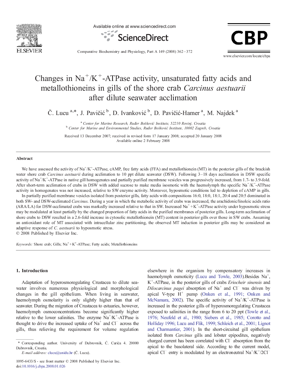 Changes in Na+/K+-ATPase activity, unsaturated fatty acids and metallothioneins in gills of the shore crab Carcinus aestuarii after dilute seawater acclimation