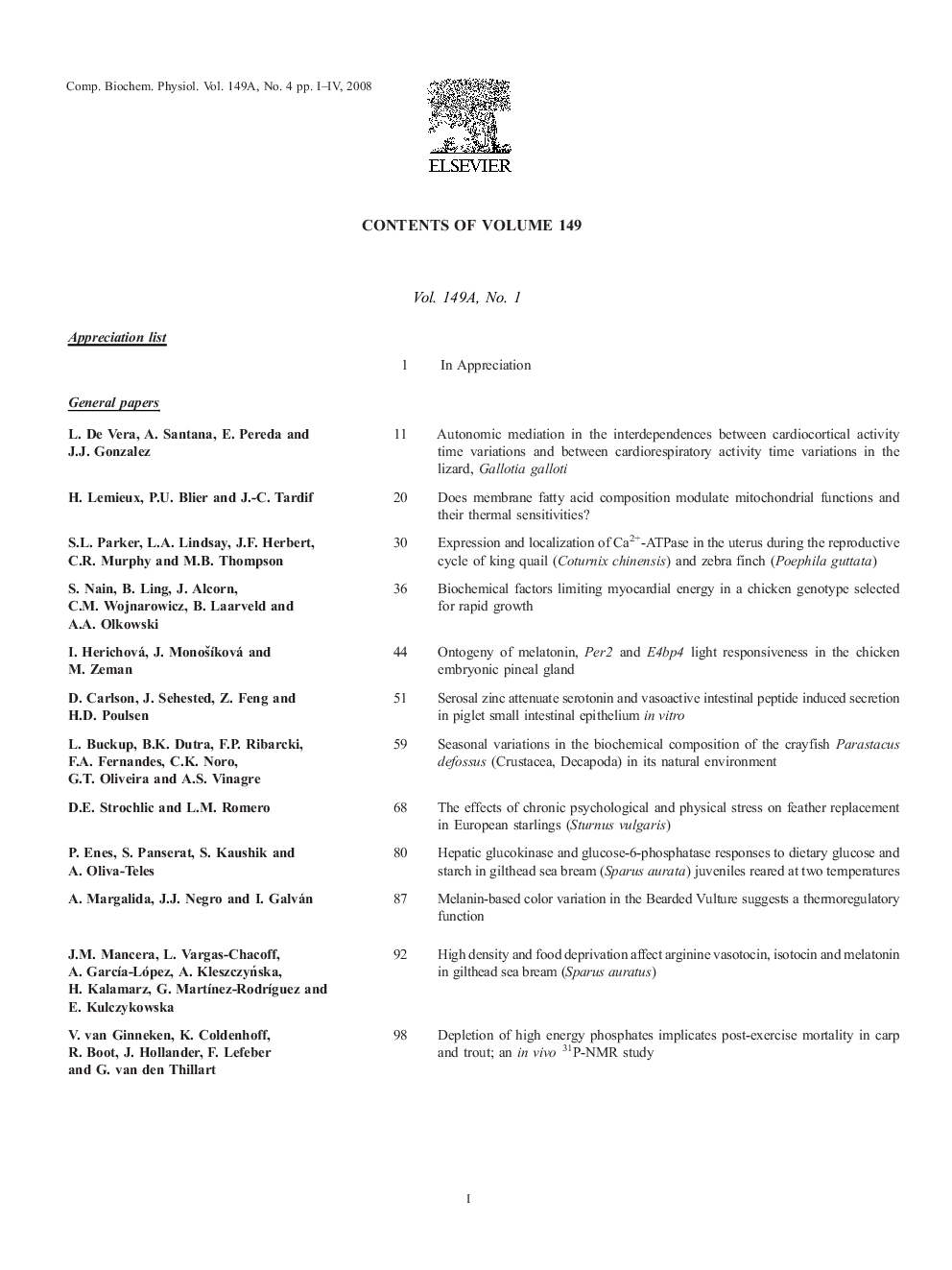 Contents of Volume 149