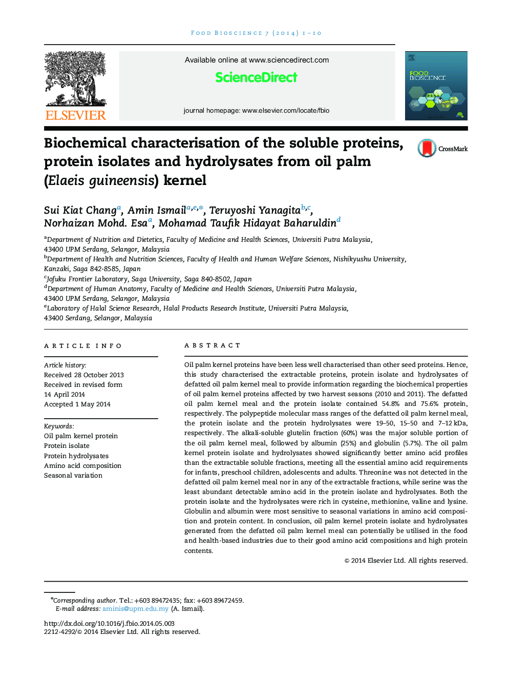 Biochemical characterisation of the soluble proteins, protein isolates and hydrolysates from oil palm (Elaeis guineensis) kernel