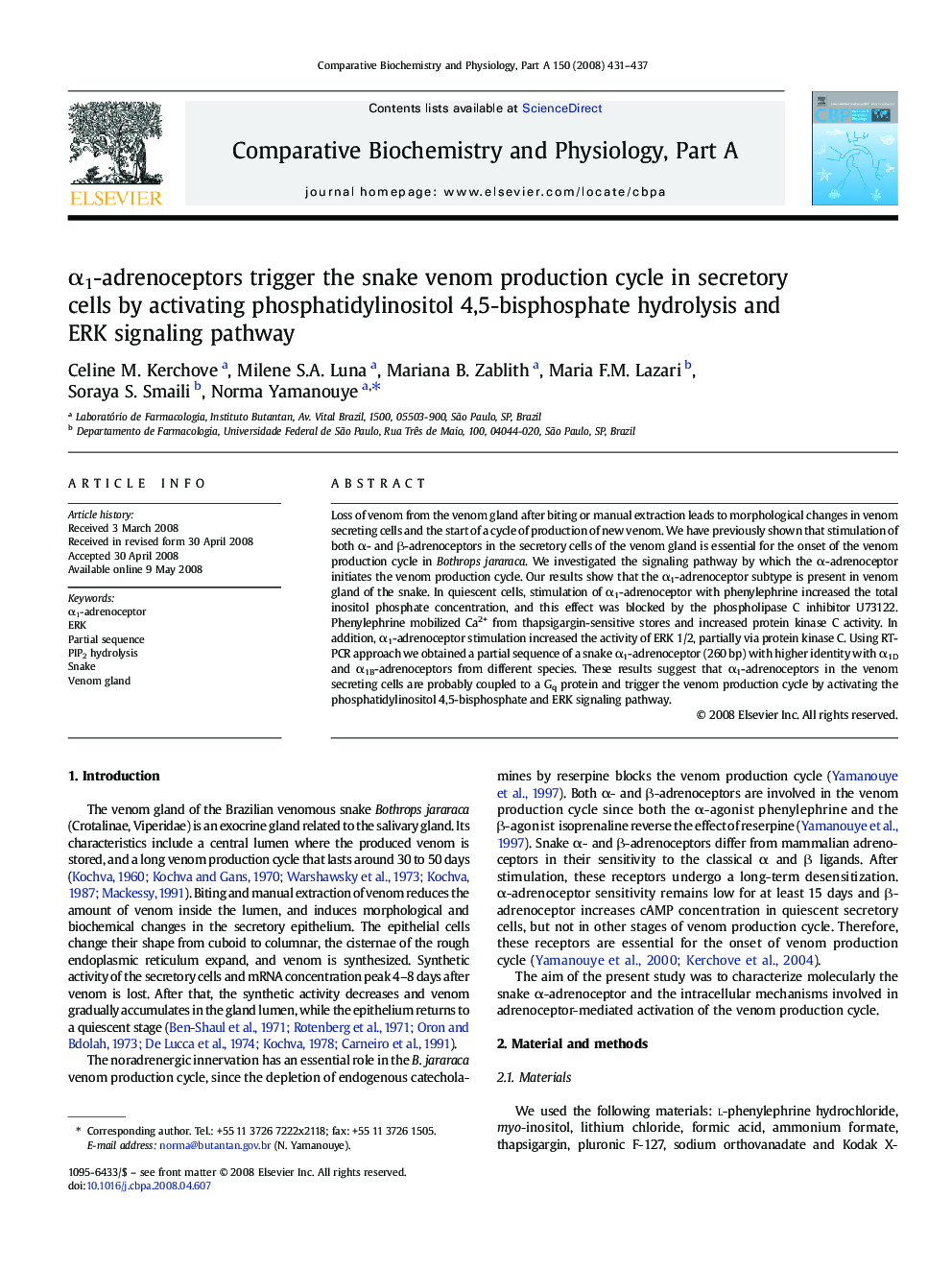 α1-adrenoceptors trigger the snake venom production cycle in secretory cells by activating phosphatidylinositol 4,5-bisphosphate hydrolysis and ERK signaling pathway