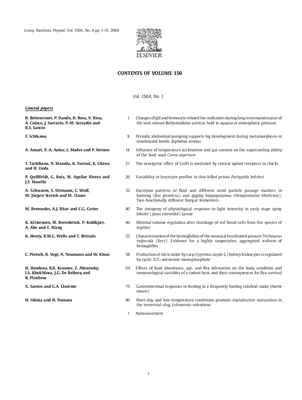 Contents of Volume 150