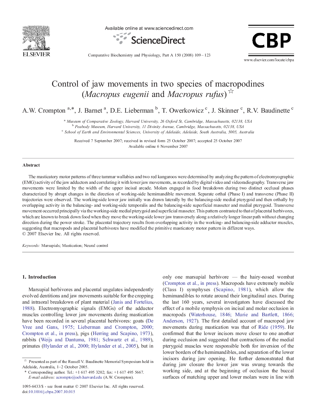 Control of jaw movements in two species of macropodines (Macropus eugenii and Macropus rufus) 