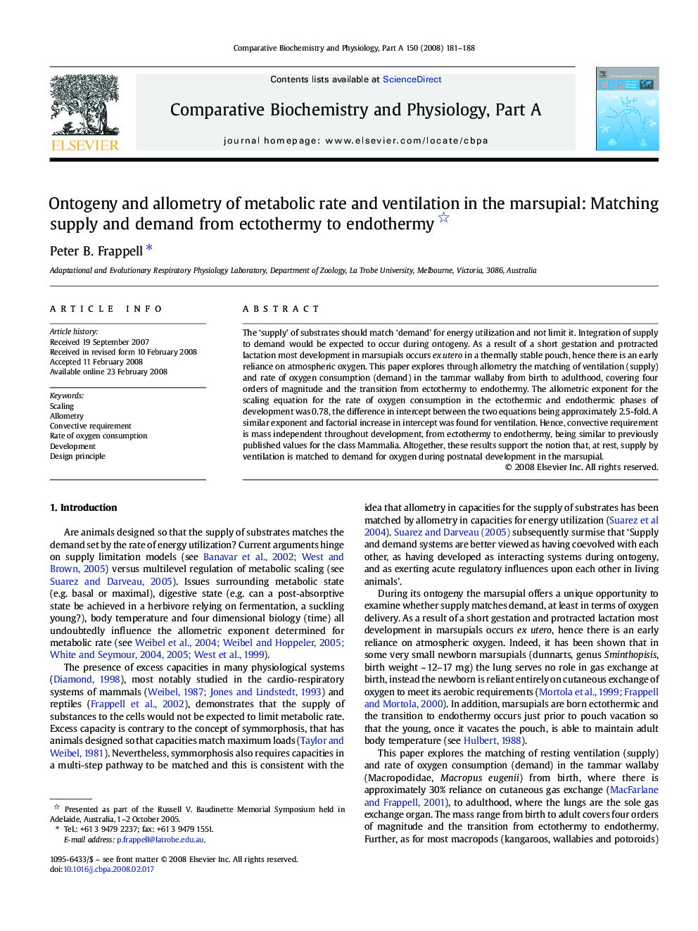 Ontogeny and allometry of metabolic rate and ventilation in the marsupial: Matching supply and demand from ectothermy to endothermy 