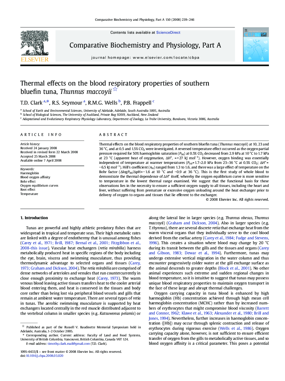 Thermal effects on the blood respiratory properties of southern bluefin tuna, Thunnus maccoyii 