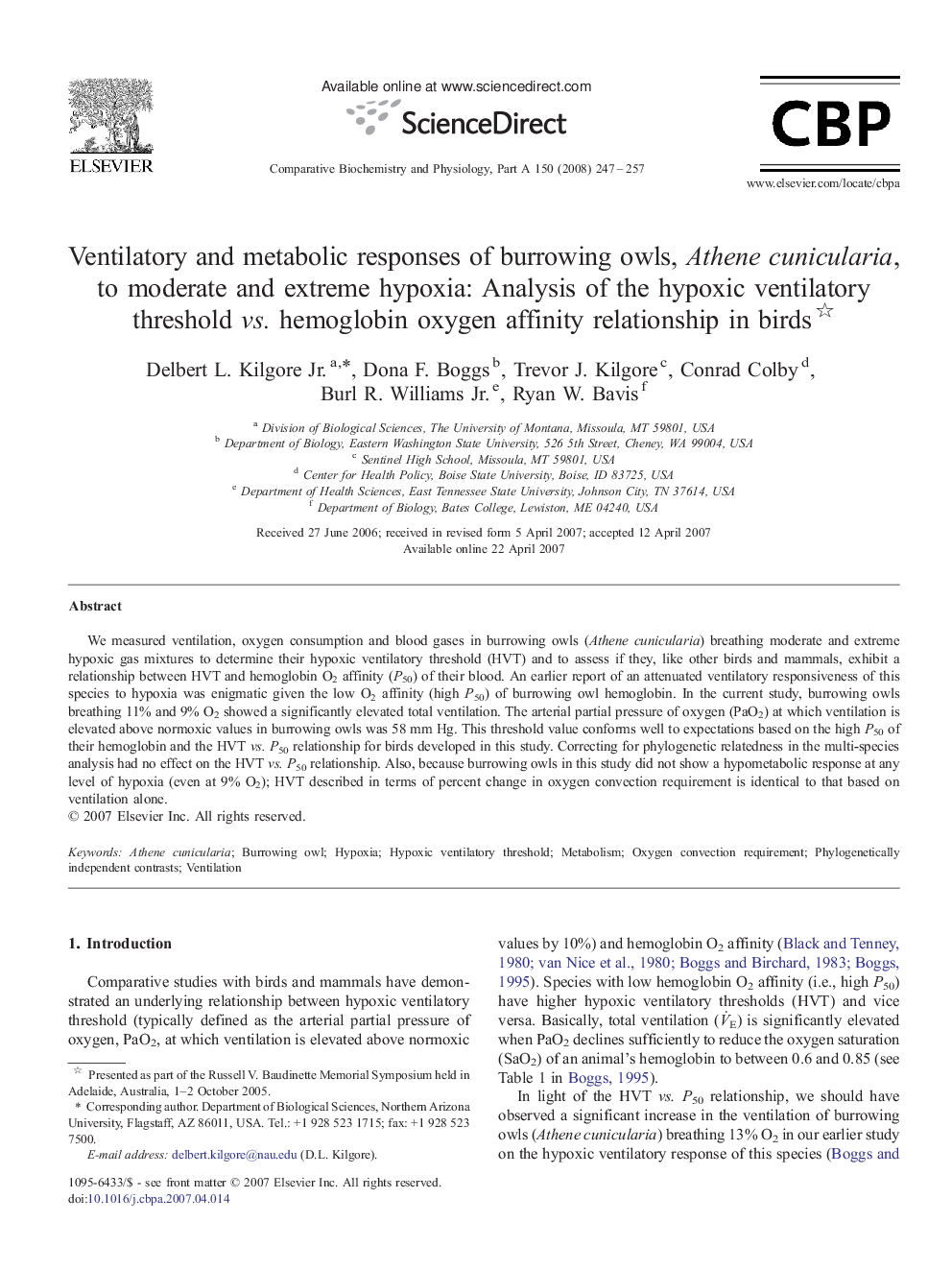 Ventilatory and metabolic responses of burrowing owls, Athene cunicularia, to moderate and extreme hypoxia: Analysis of the hypoxic ventilatory threshold vs. hemoglobin oxygen affinity relationship in birds 