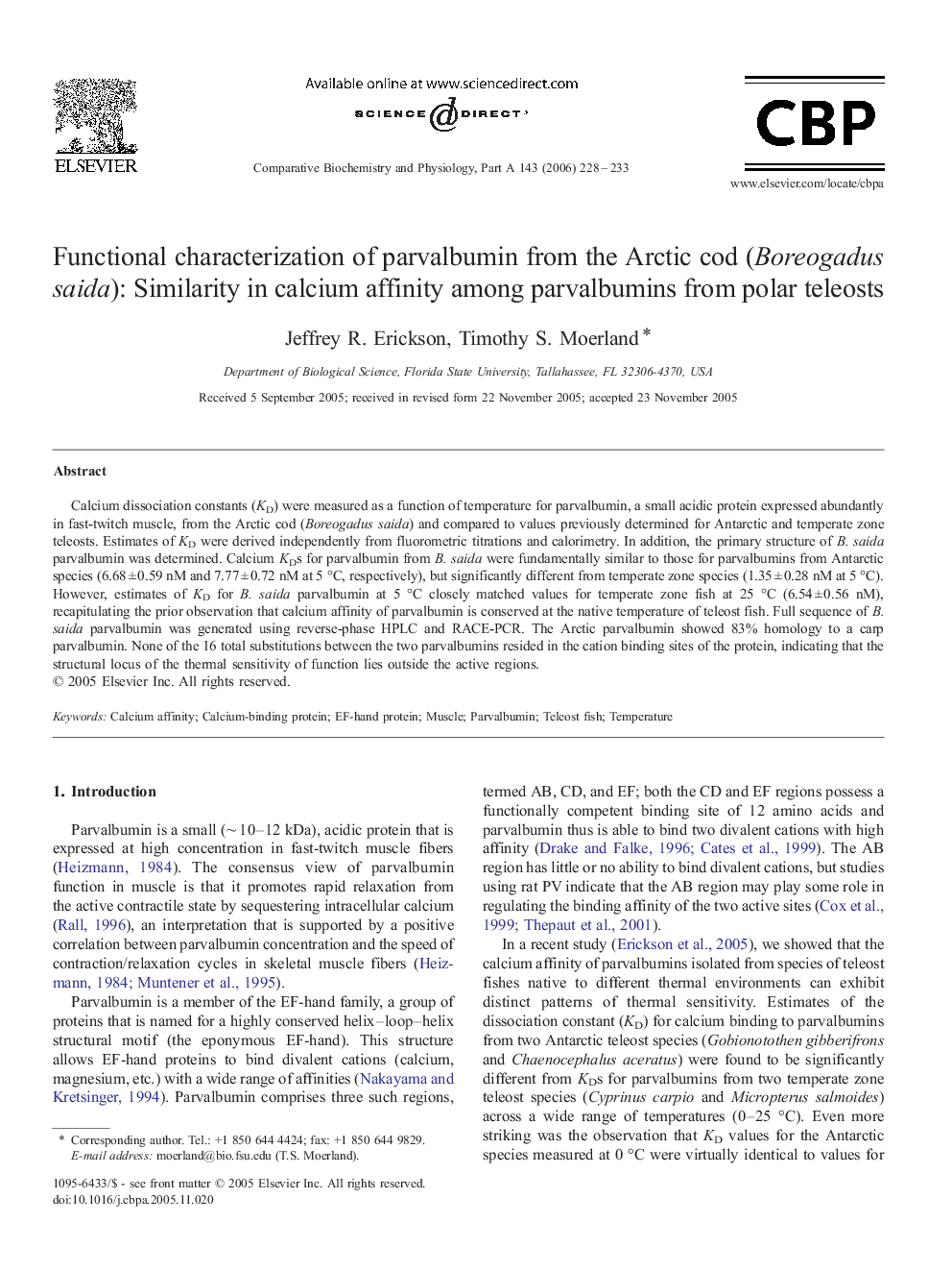 Functional characterization of parvalbumin from the Arctic cod (Boreogadus saida): Similarity in calcium affinity among parvalbumins from polar teleosts