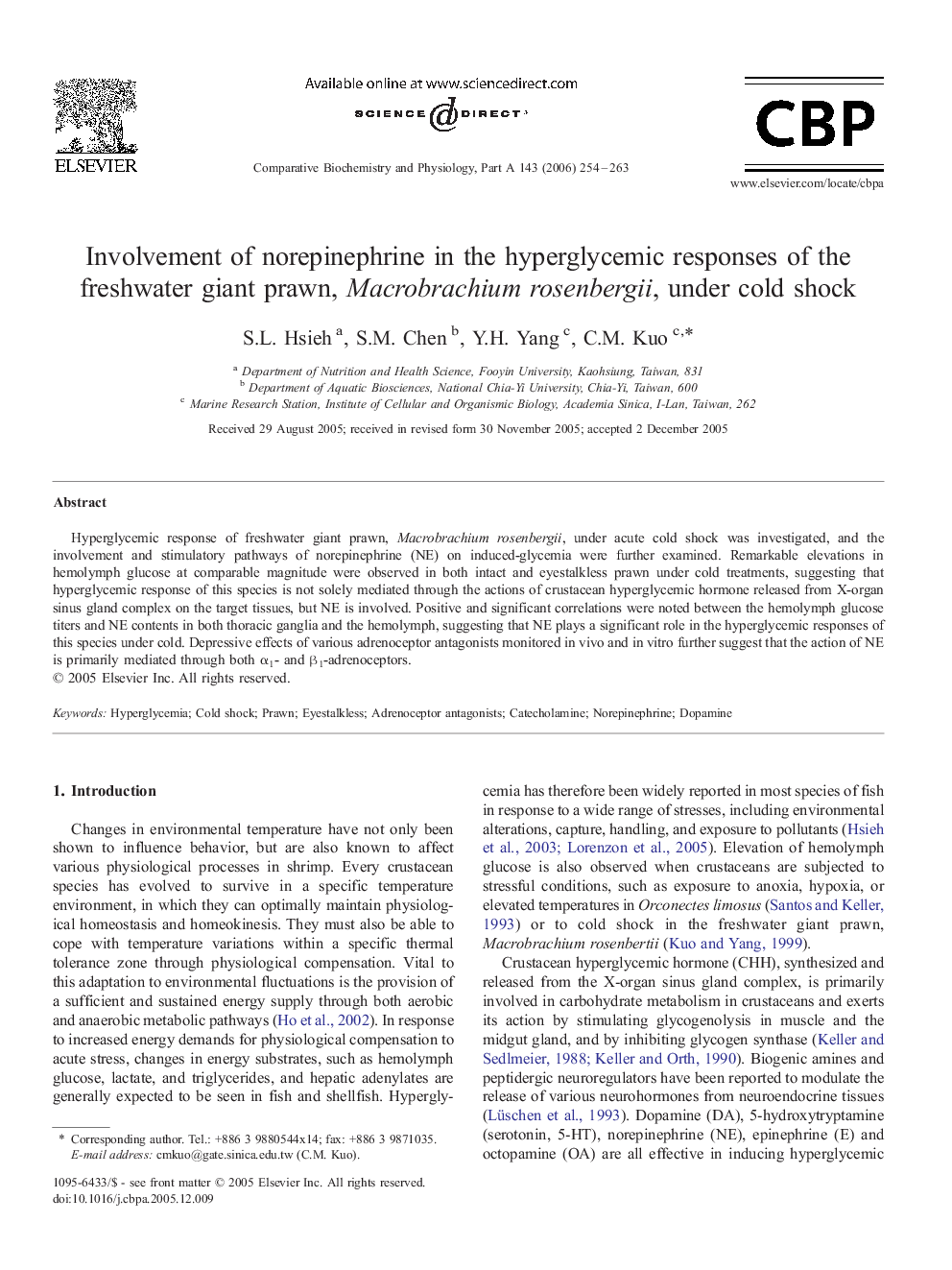 Involvement of norepinephrine in the hyperglycemic responses of the freshwater giant prawn, Macrobrachium rosenbergii, under cold shock