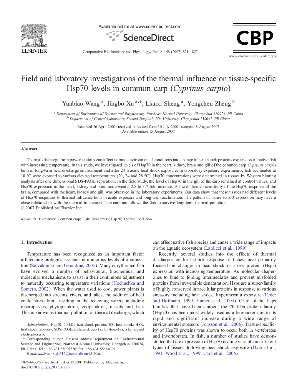 Field and laboratory investigations of the thermal influence on tissue-specific Hsp70 levels in common carp (Cyprinus carpio)