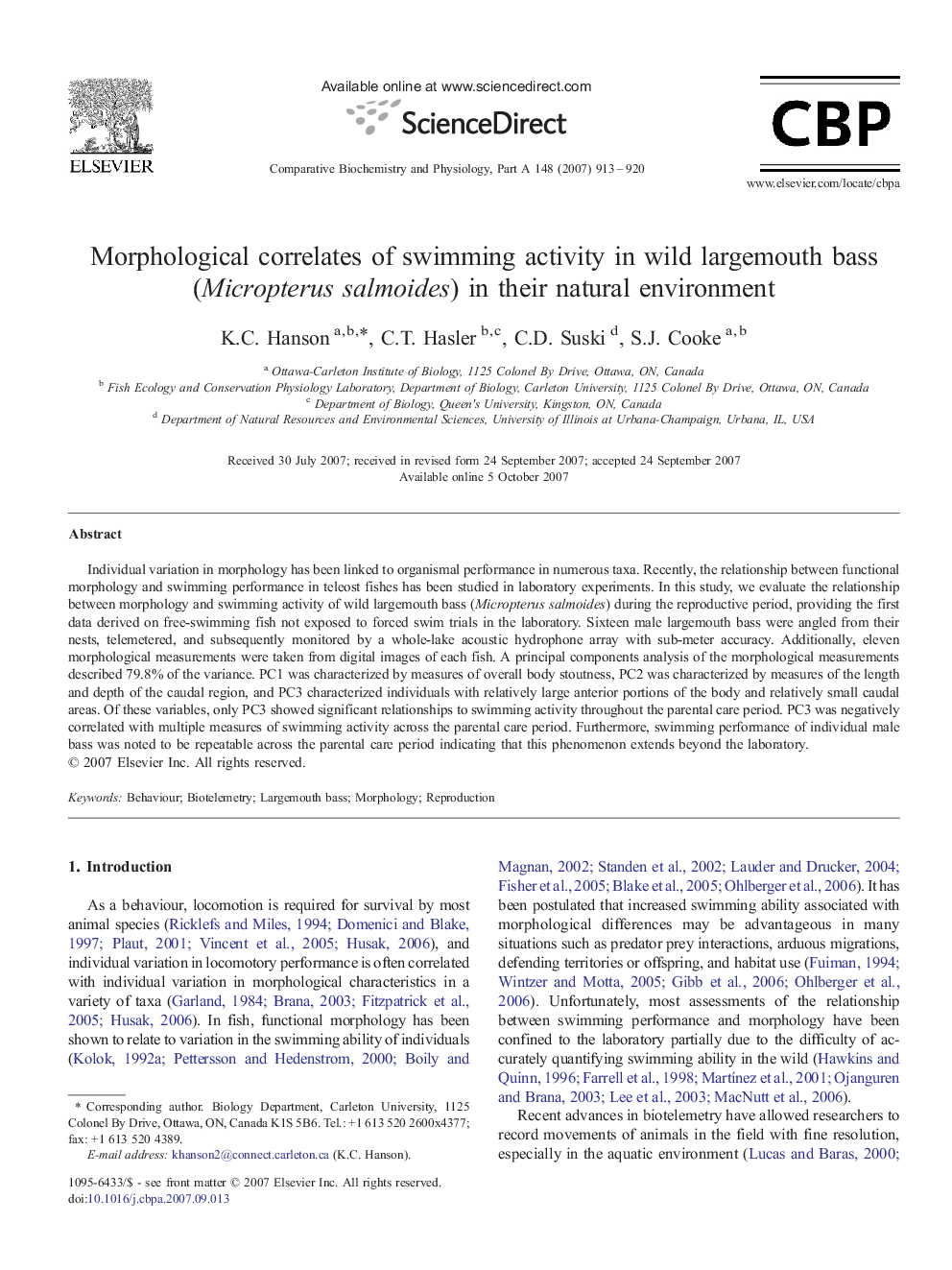 Morphological correlates of swimming activity in wild largemouth bass (Micropterus salmoides) in their natural environment