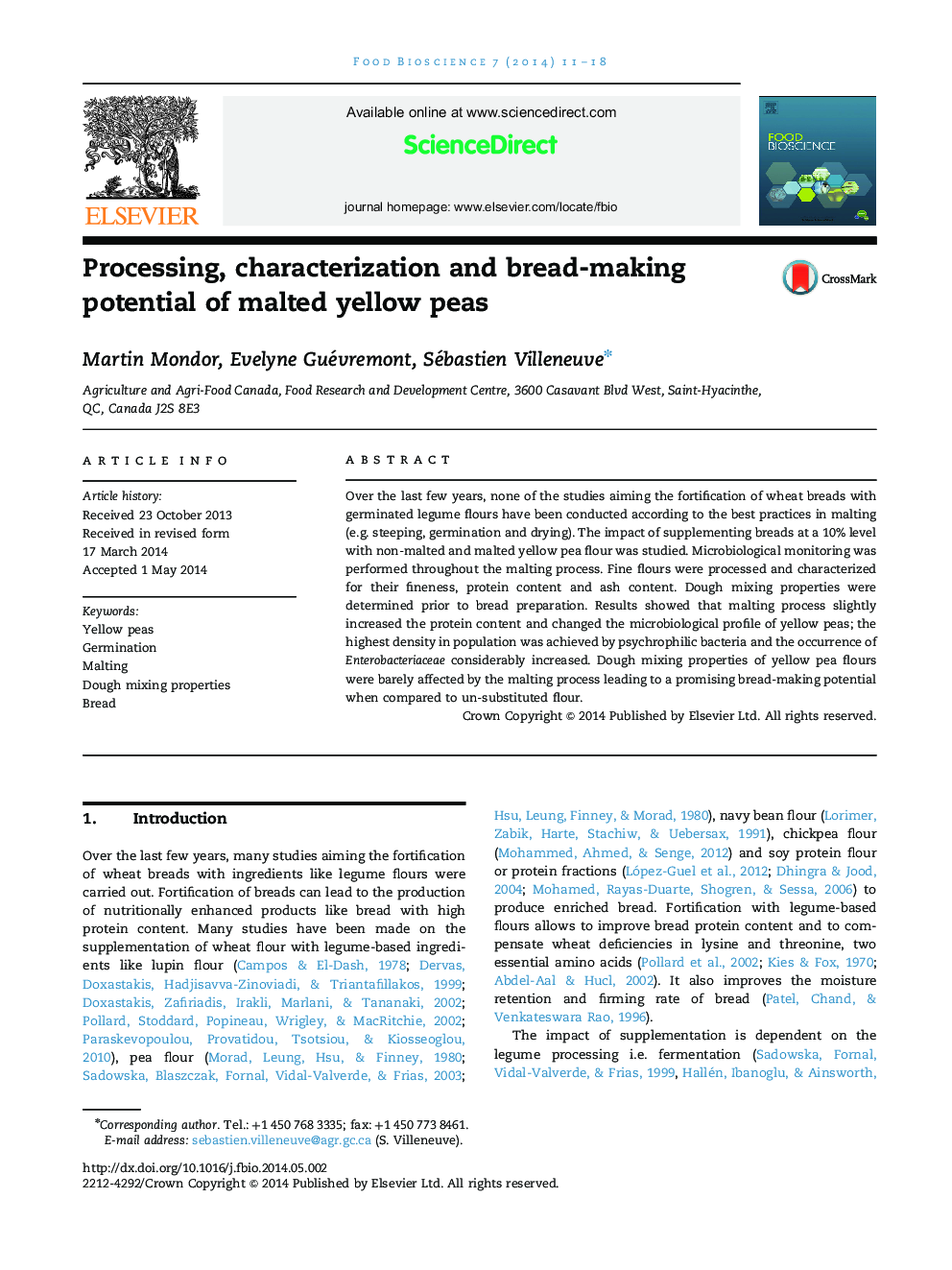 Processing, characterization and bread-making potential of malted yellow peas