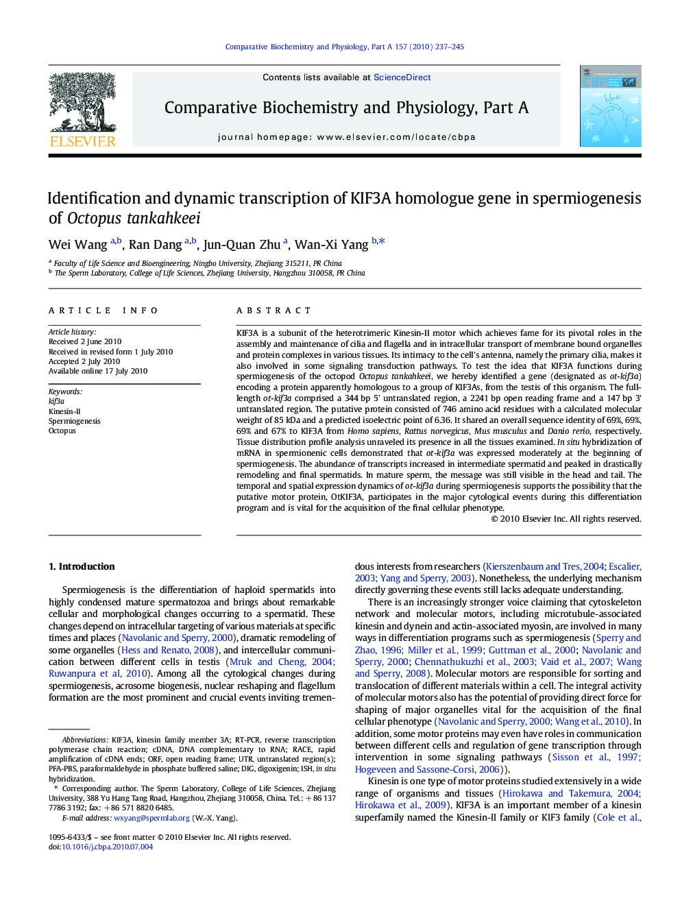 Identification and dynamic transcription of KIF3A homologue gene in spermiogenesis of Octopus tankahkeei