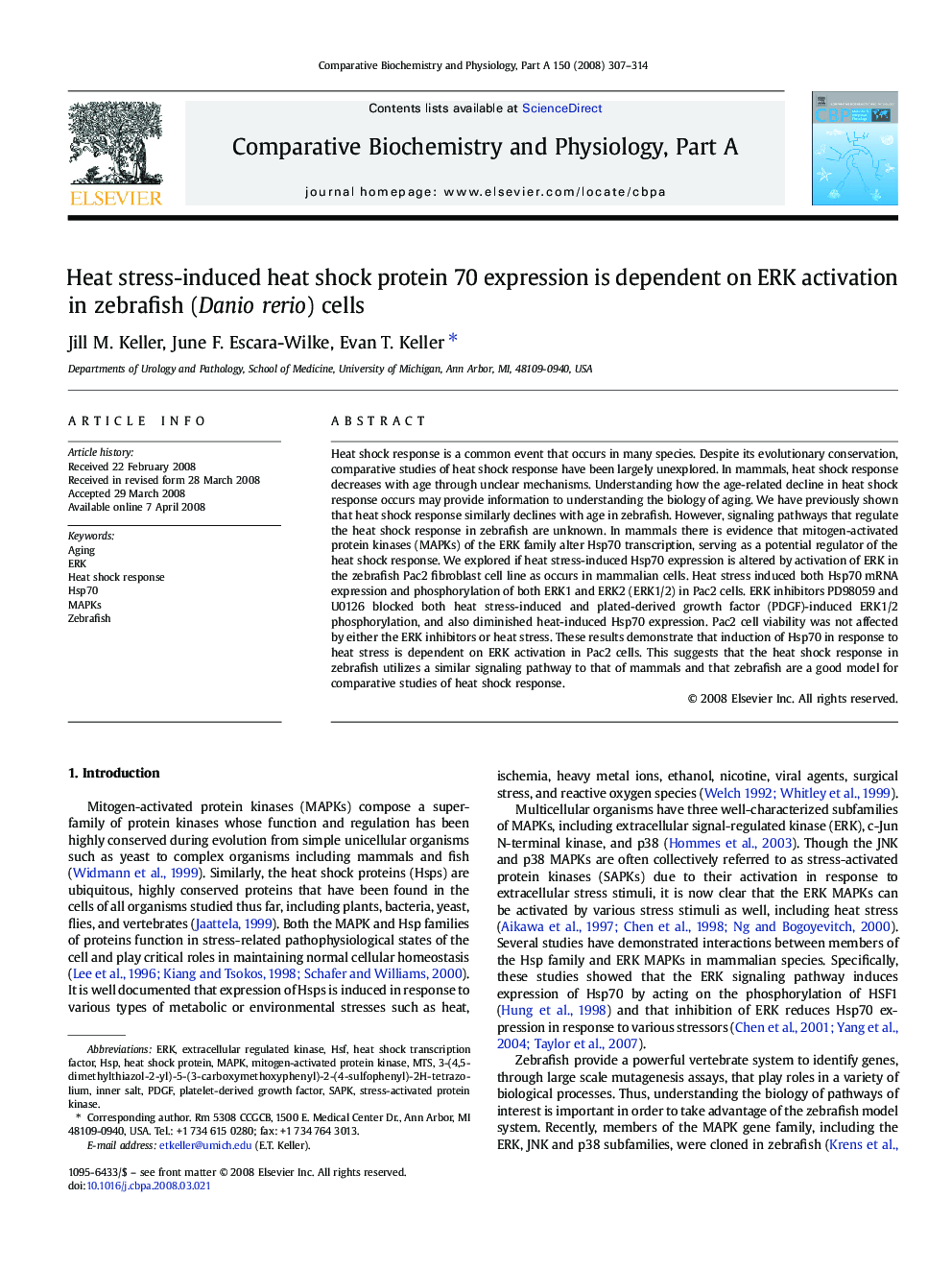 Heat stress-induced heat shock protein 70 expression is dependent on ERK activation in zebrafish (Danio rerio) cells