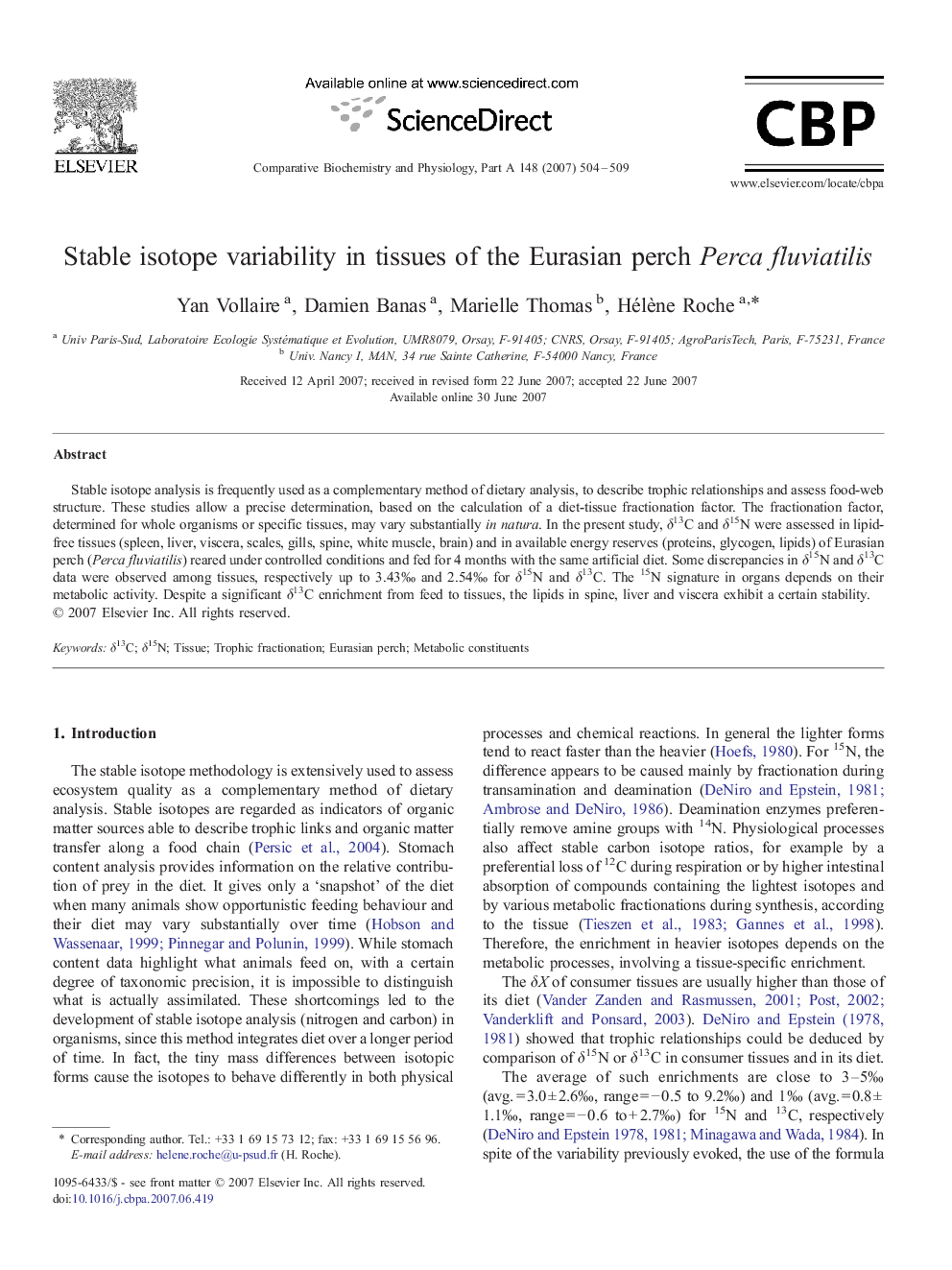 Stable isotope variability in tissues of the Eurasian perch Perca fluviatilis