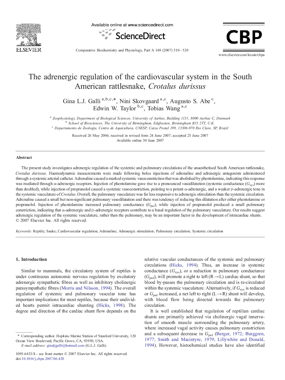 The adrenergic regulation of the cardiovascular system in the South American rattlesnake, Crotalus durissus