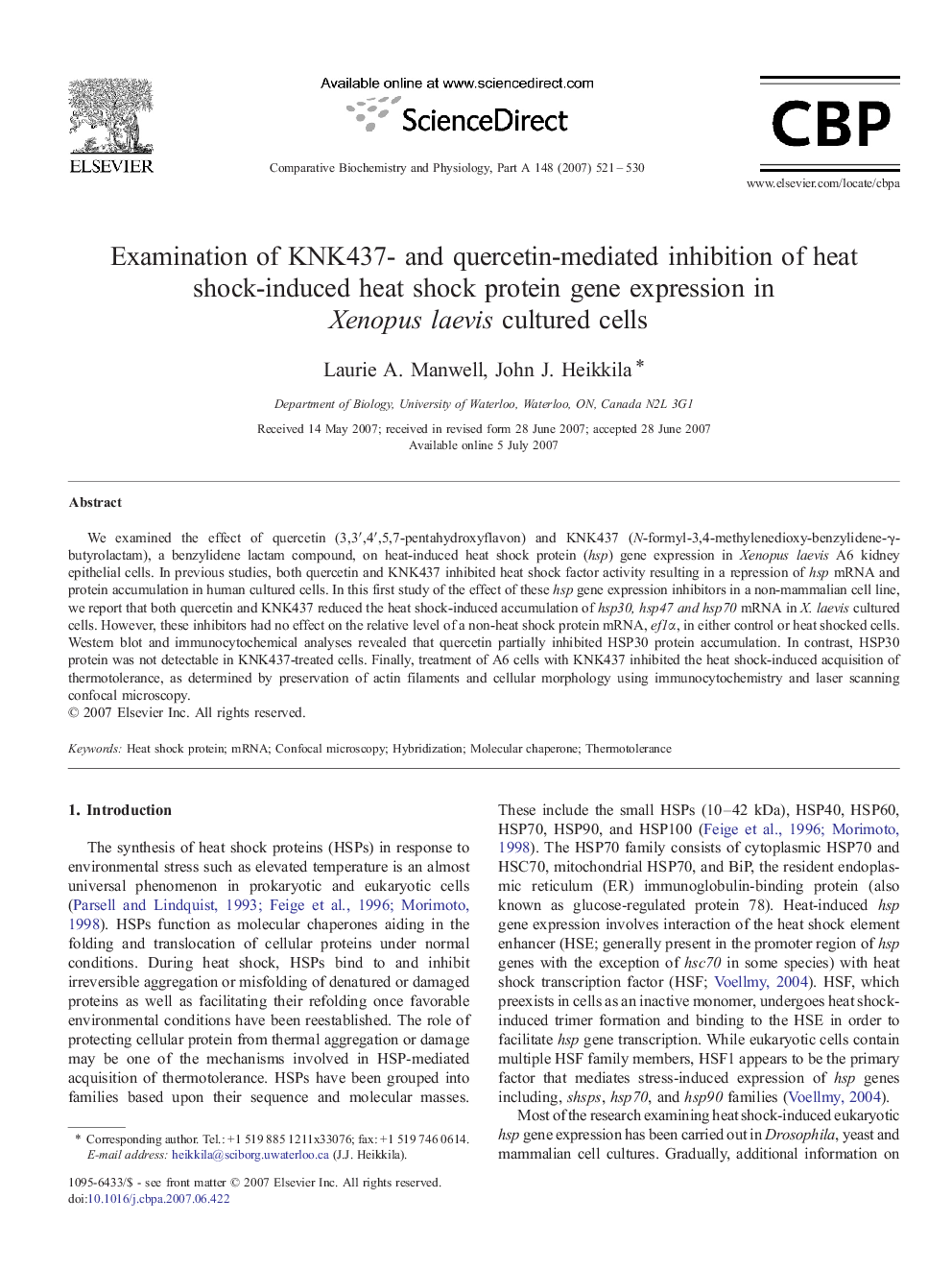 Examination of KNK437- and quercetin-mediated inhibition of heat shock-induced heat shock protein gene expression in Xenopus laevis cultured cells