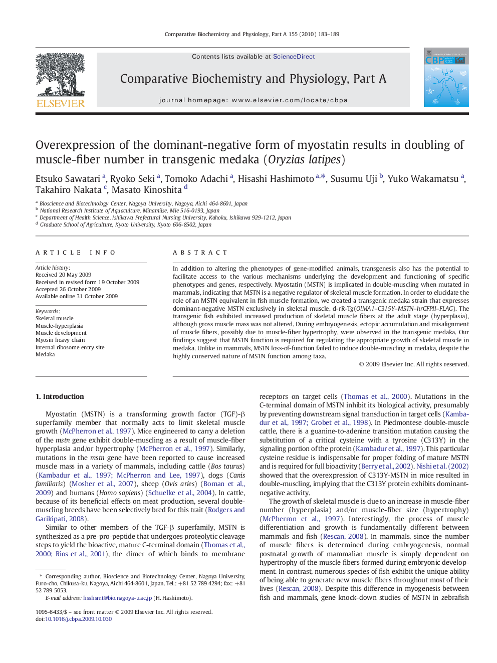 عکس صفحه اول مقاله: Overexpression of the dominant-negative form of myostatin results in doubling of muscle-fiber number in transgenic medaka (Oryzias latipes) Overexpression of the dominant-negative form of myostatin results in doubling of muscle-fiber number in transgenic medaka (Oryzias latipes)