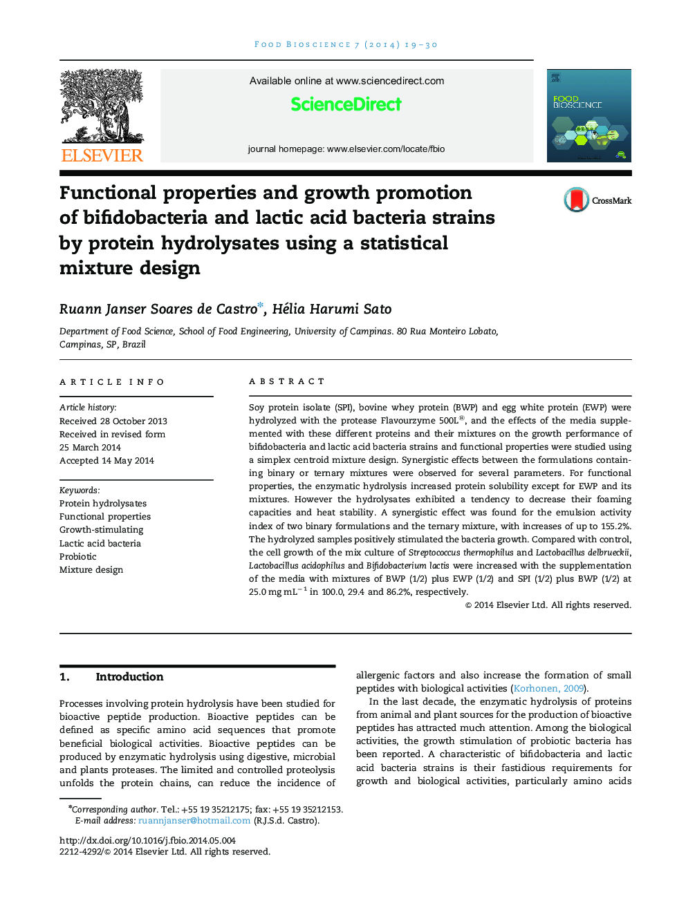 Functional properties and growth promotion of bifidobacteria and lactic acid bacteria strains by protein hydrolysates using a statistical mixture design
