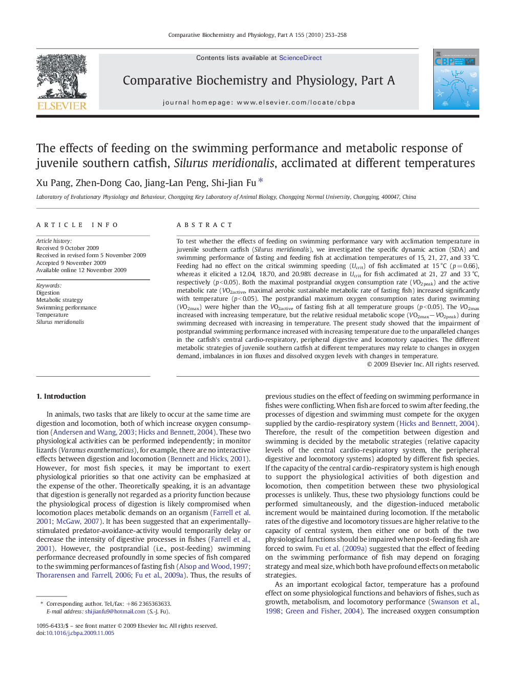 The effects of feeding on the swimming performance and metabolic response of juvenile southern catfish, Silurus meridionalis, acclimated at different temperatures