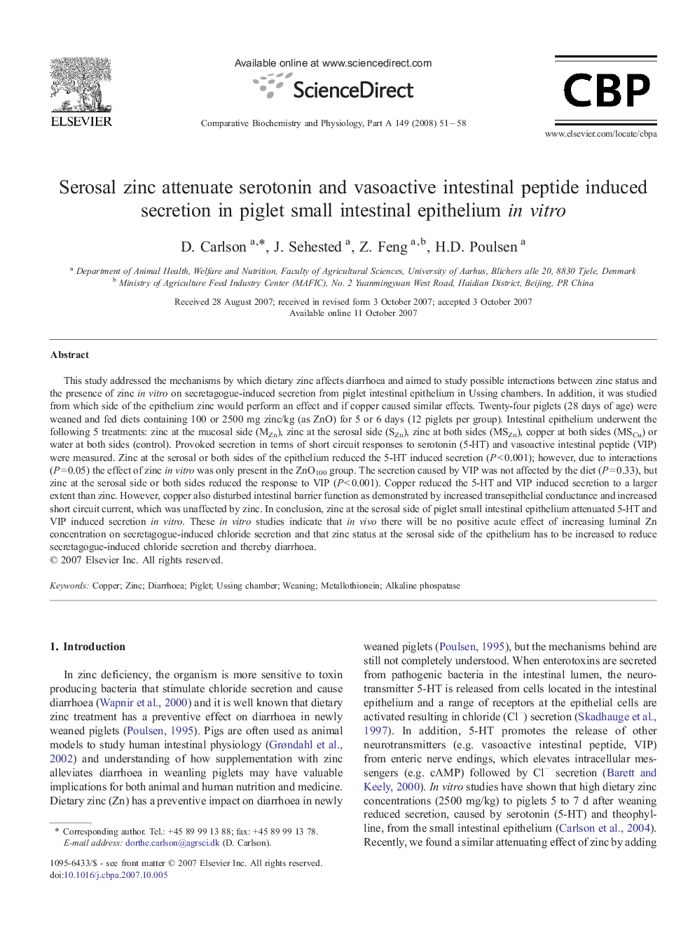 Serosal zinc attenuate serotonin and vasoactive intestinal peptide induced secretion in piglet small intestinal epithelium in vitro