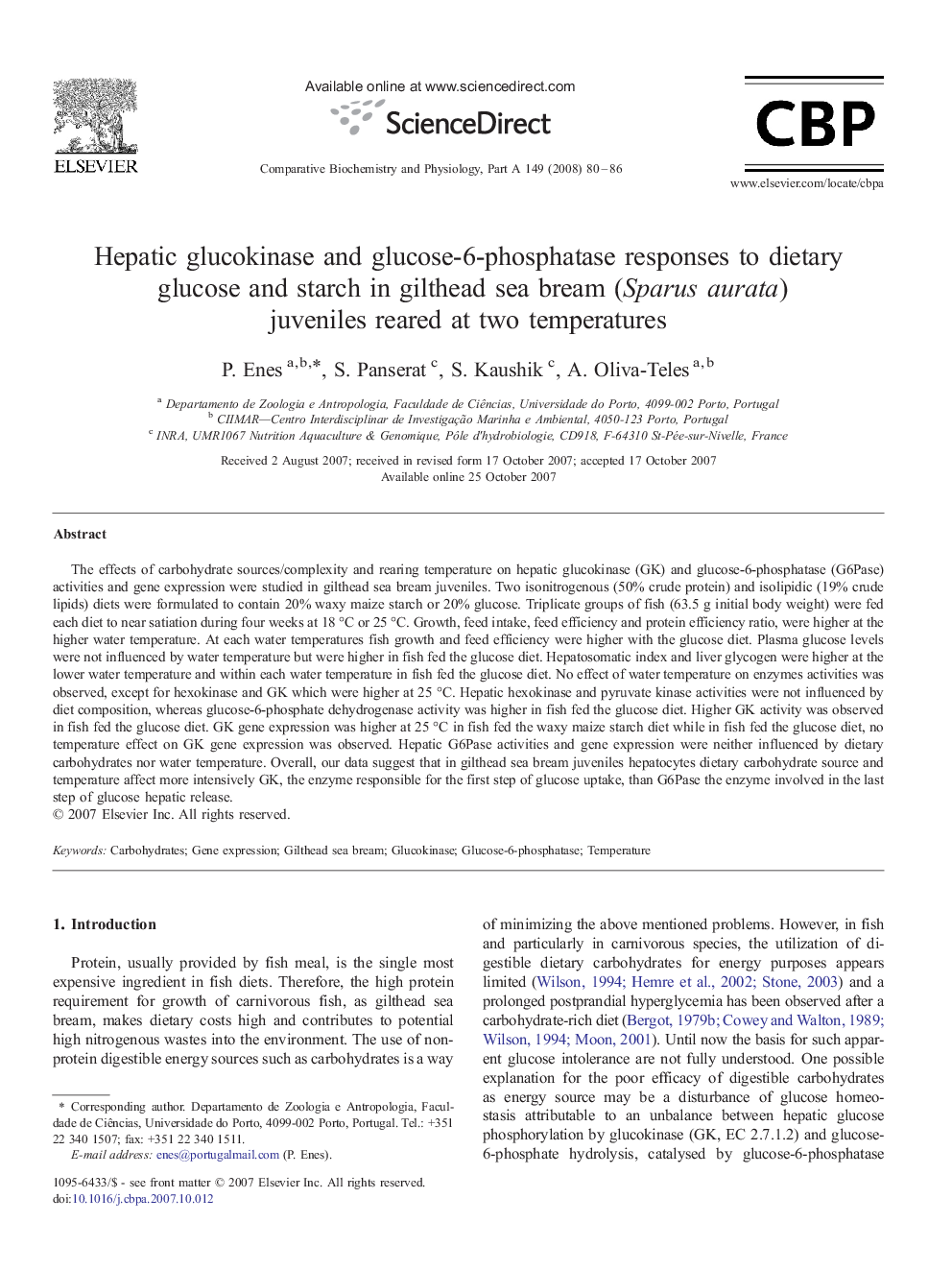 Hepatic glucokinase and glucose-6-phosphatase responses to dietary glucose and starch in gilthead sea bream (Sparus aurata) juveniles reared at two temperatures