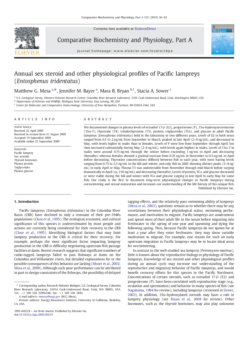 Annual sex steroid and other physiological profiles of Pacific lampreys (Entosphenus tridentatus)