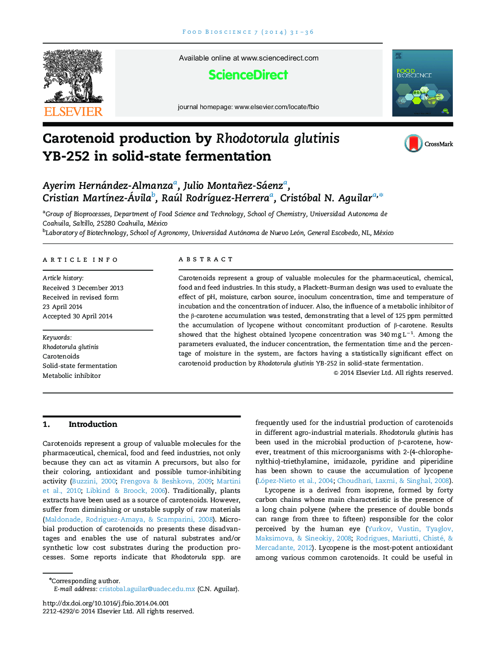Carotenoid production by Rhodotorula glutinis YB-252 in solid-state fermentation