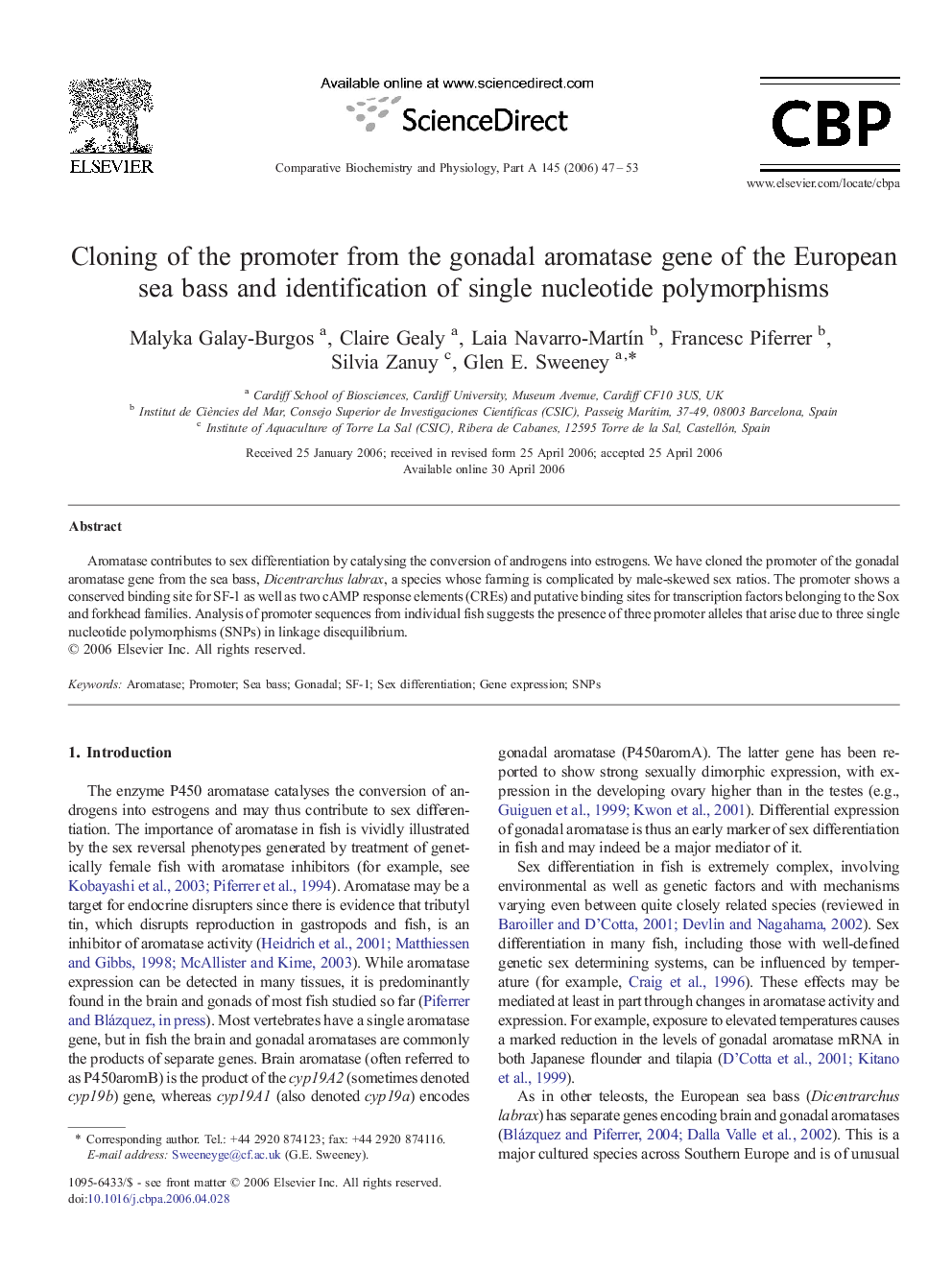 Cloning of the promoter from the gonadal aromatase gene of the European sea bass and identification of single nucleotide polymorphisms