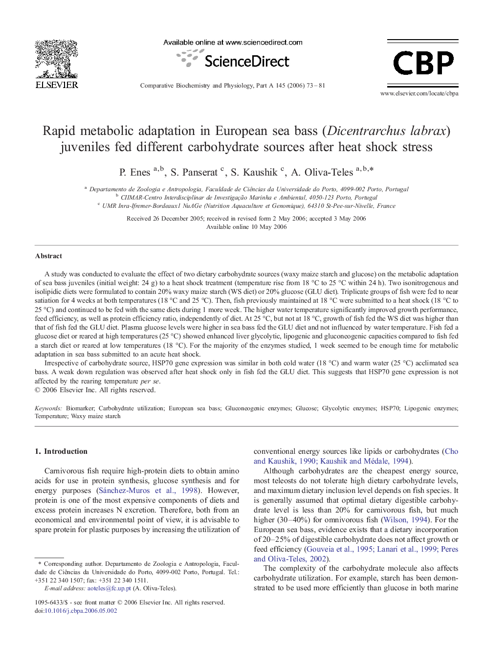 Rapid metabolic adaptation in European sea bass (Dicentrarchus labrax) juveniles fed different carbohydrate sources after heat shock stress