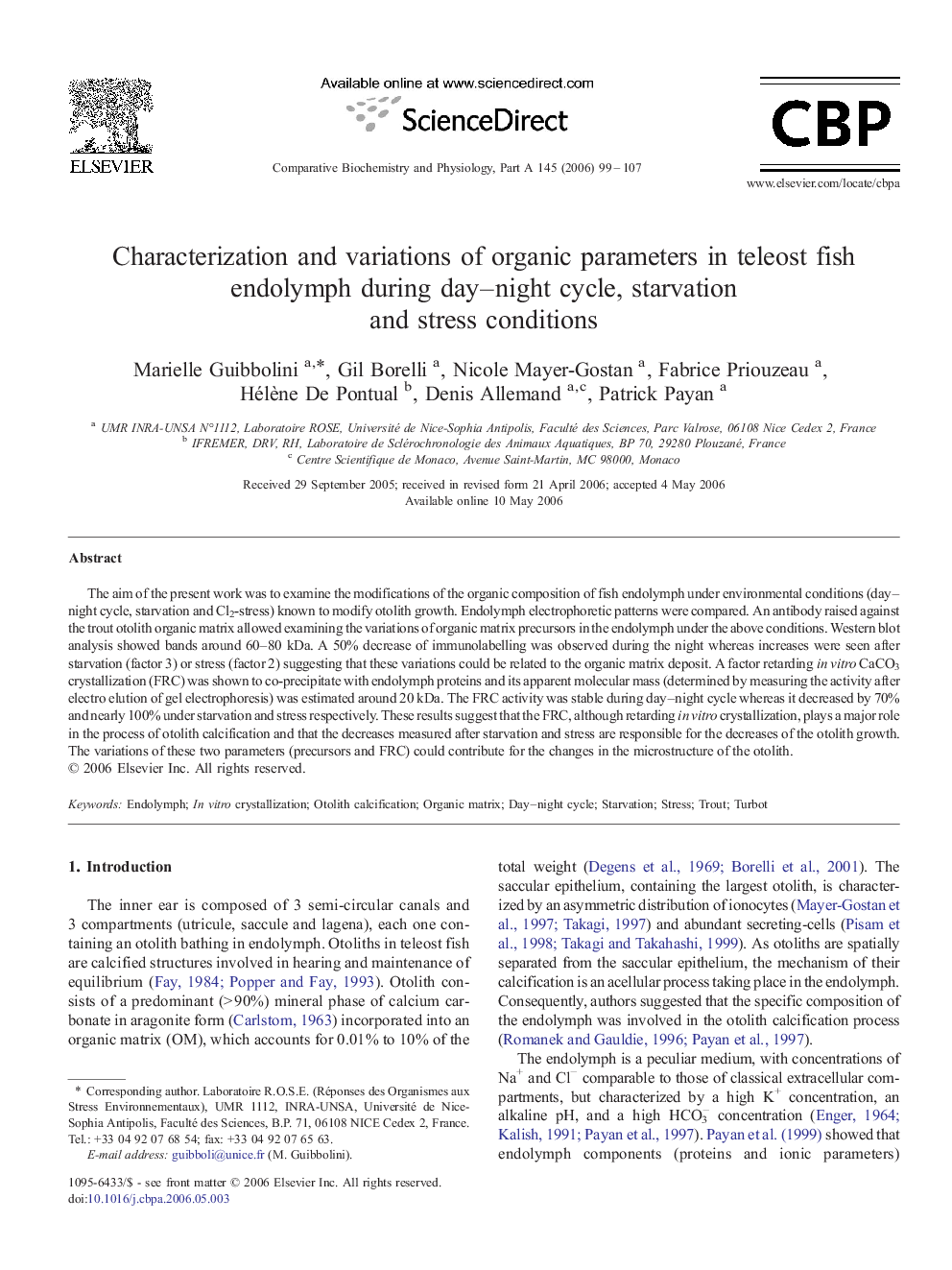 Characterization and variations of organic parameters in teleost fish endolymph during day–night cycle, starvation and stress conditions