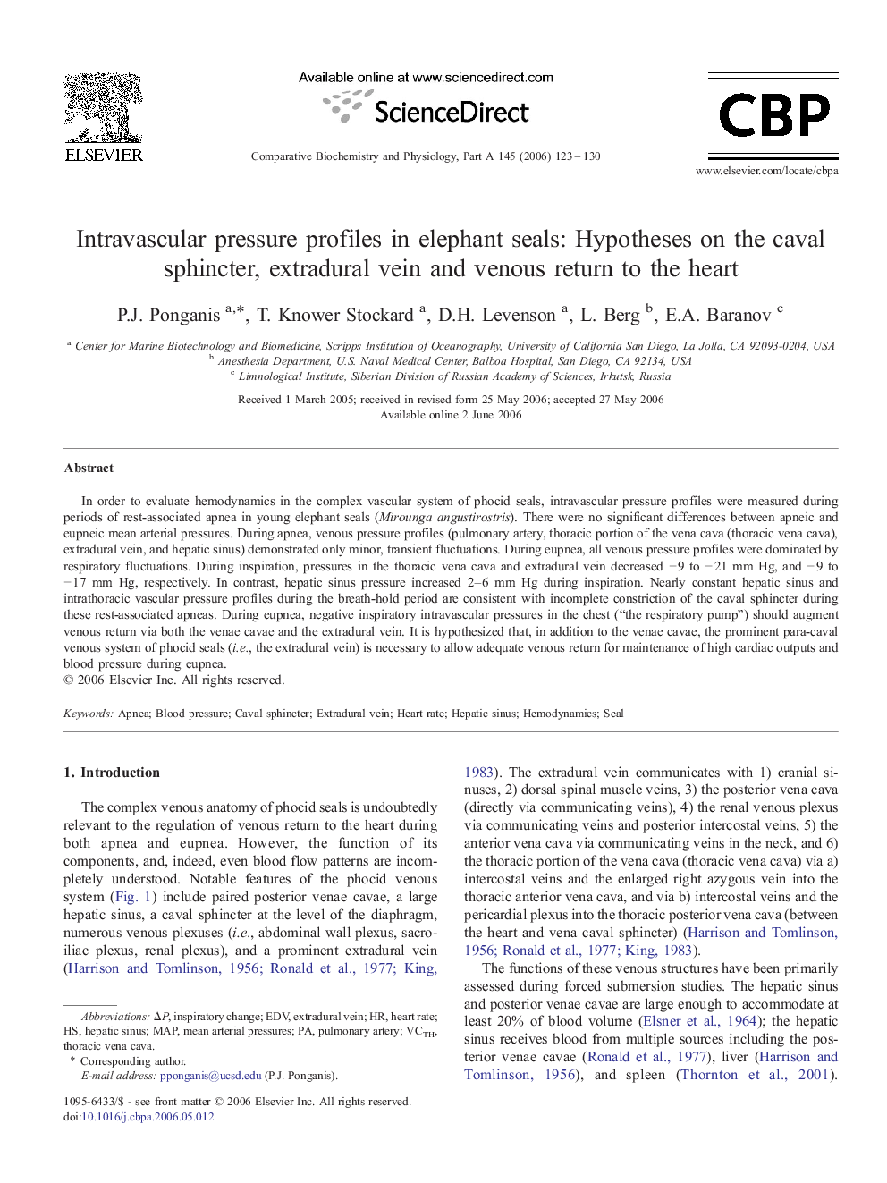 Intravascular pressure profiles in elephant seals: Hypotheses on the caval sphincter, extradural vein and venous return to the heart