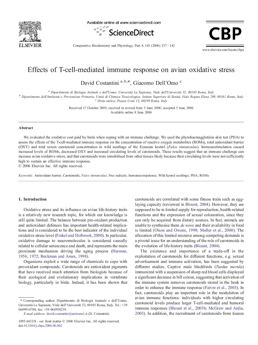 Effects of T-cell-mediated immune response on avian oxidative stress