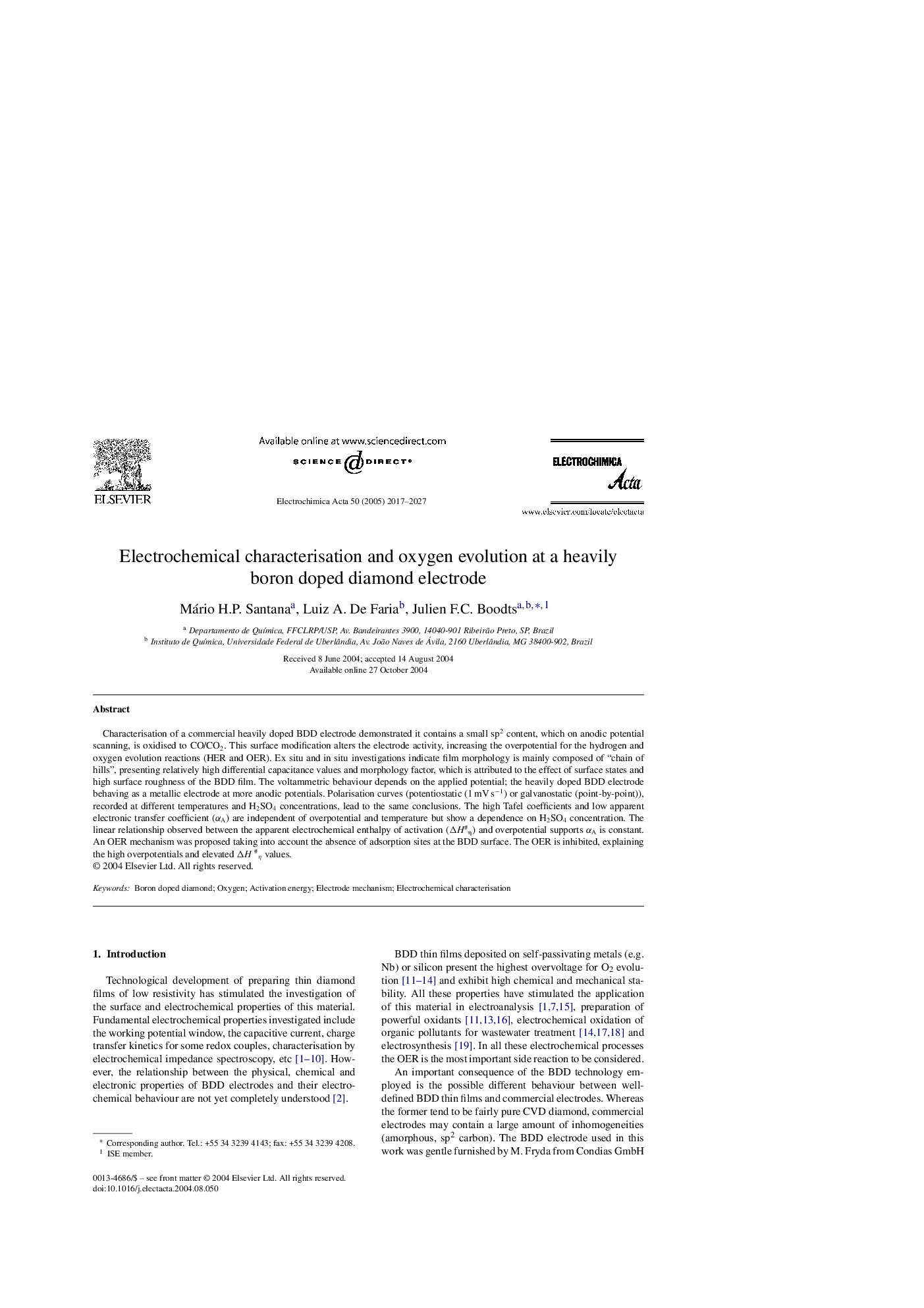 Electrochemical characterisation and oxygen evolution at a heavily boron doped diamond electrode