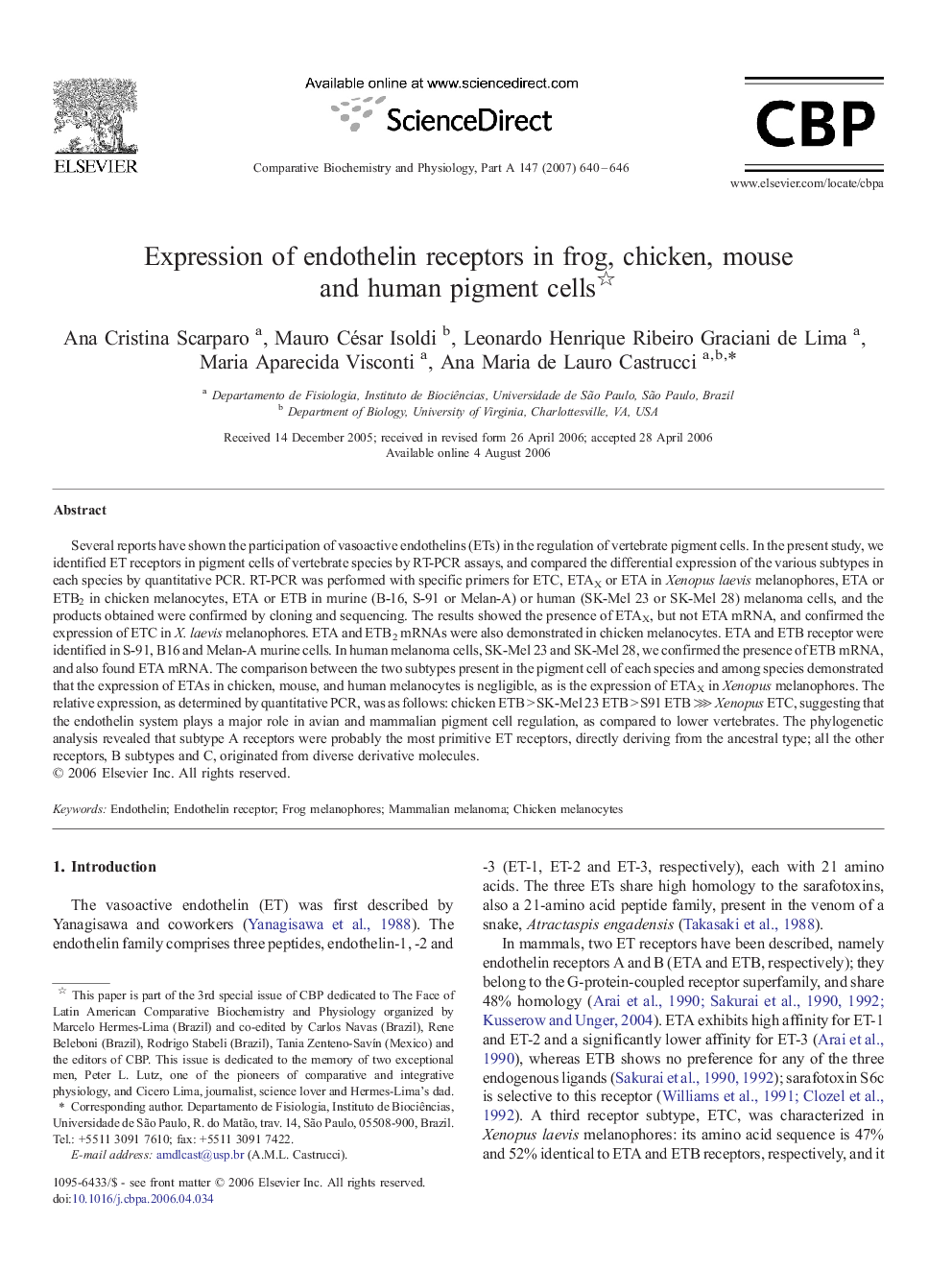 Expression of endothelin receptors in frog, chicken, mouse and human pigment cells 