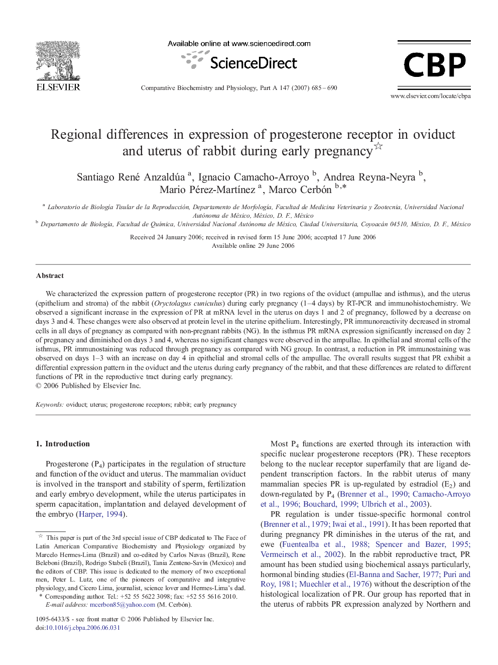 Regional differences in expression of progesterone receptor in oviduct and uterus of rabbit during early pregnancy 