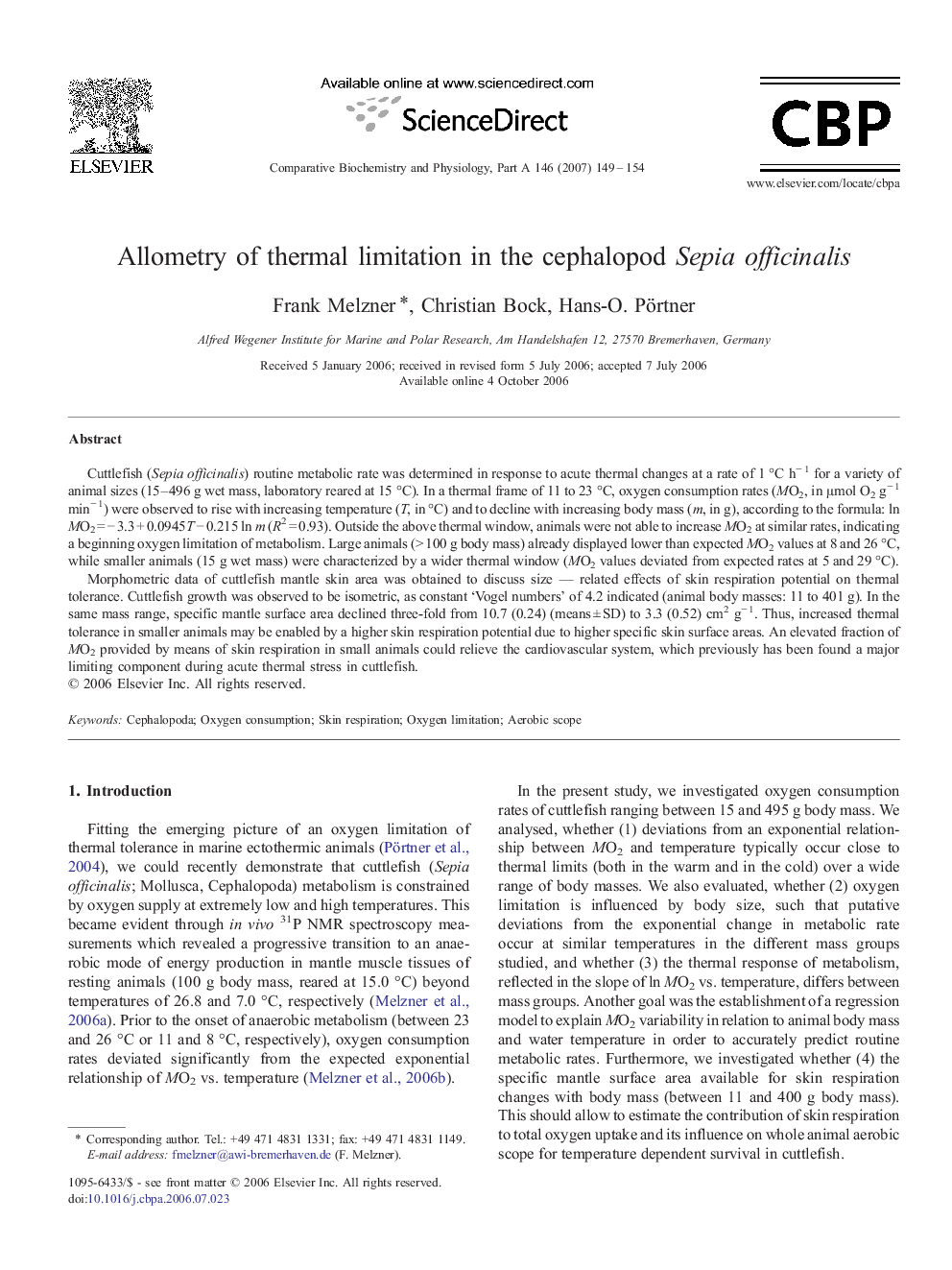 Allometry of thermal limitation in the cephalopod Sepia officinalis