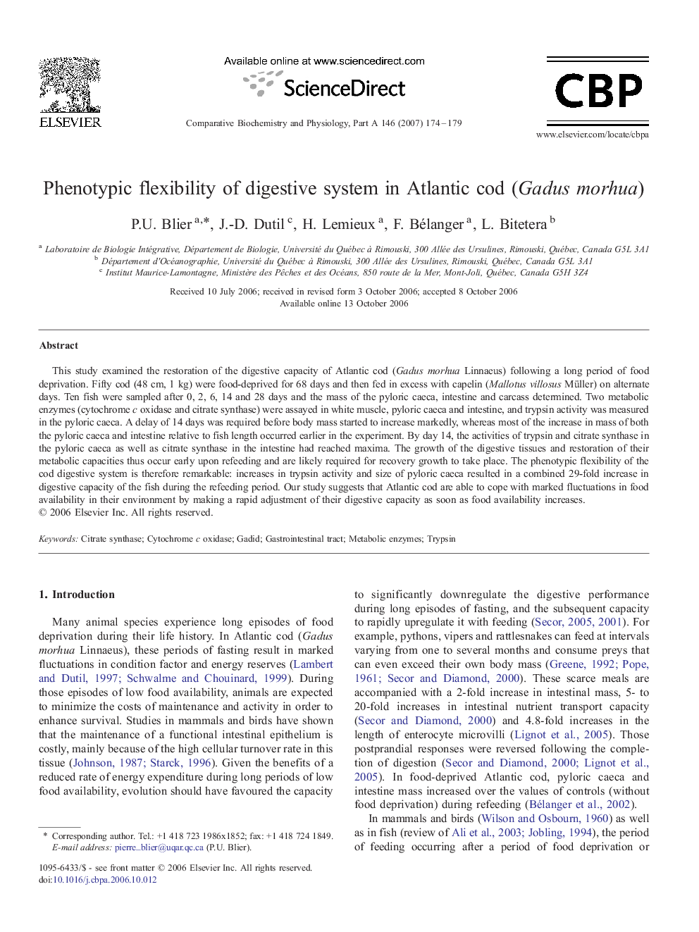 Phenotypic flexibility of digestive system in Atlantic cod (Gadus morhua)