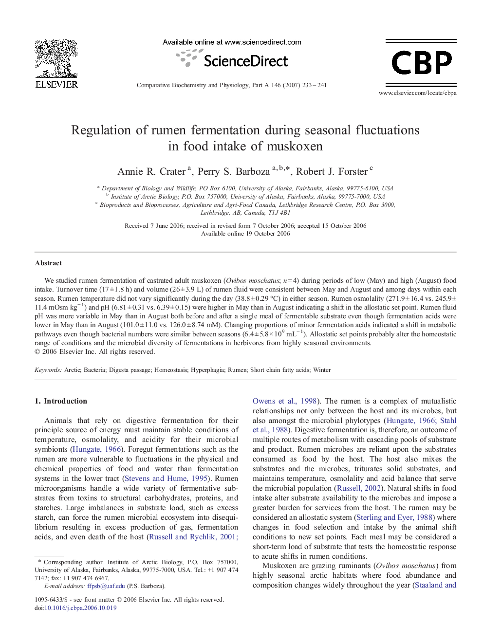 Regulation of rumen fermentation during seasonal fluctuations in food intake of muskoxen