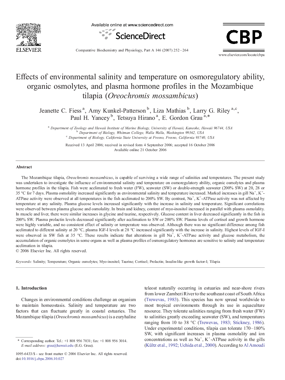 Effects of environmental salinity and temperature on osmoregulatory ability, organic osmolytes, and plasma hormone profiles in the Mozambique tilapia (Oreochromis mossambicus)