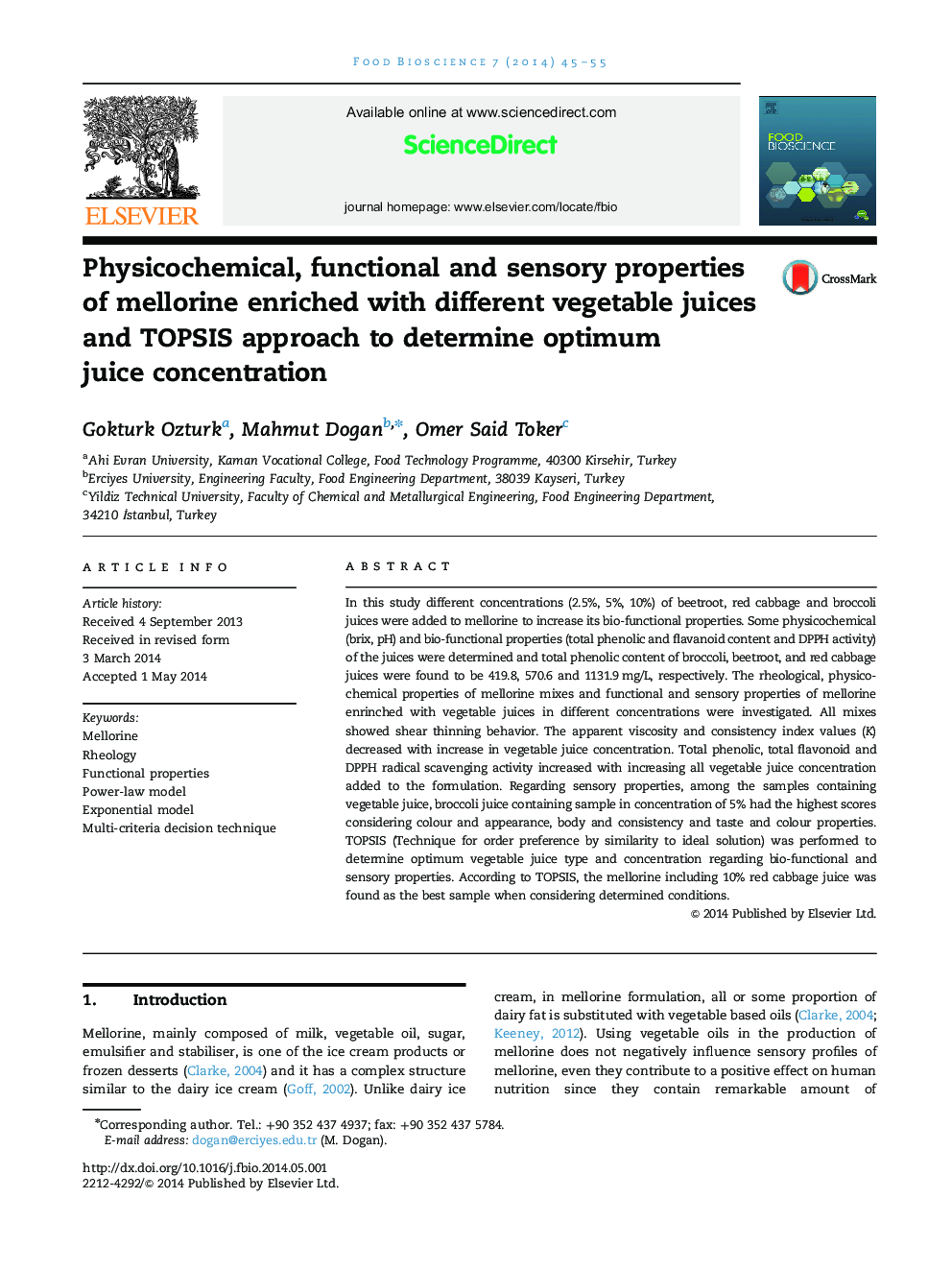 Physicochemical, functional and sensory properties of mellorine enriched with different vegetable juices and TOPSIS approach to determine optimum juice concentration