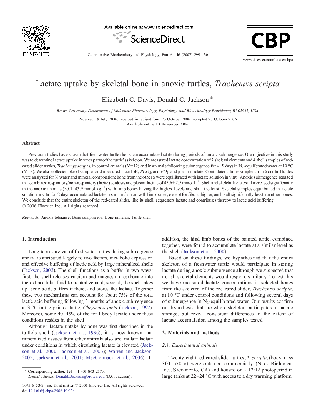 Lactate uptake by skeletal bone in anoxic turtles, Trachemys scripta