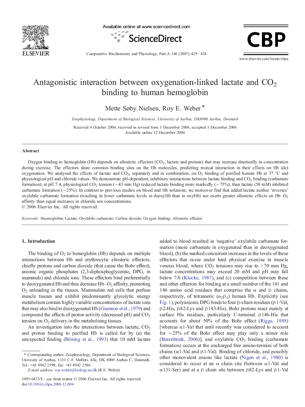 Antagonistic interaction between oxygenation-linked lactate and CO2 binding to human hemoglobin