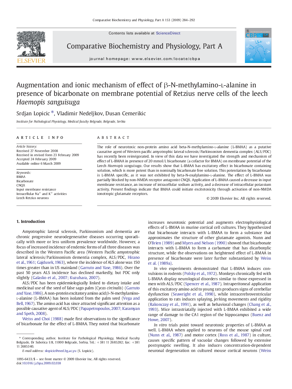 Augmentation and ionic mechanism of effect of β-N-methylamino-l-alanine in presence of bicarbonate on membrane potential of Retzius nerve cells of the leech Haemopis sanguisuga