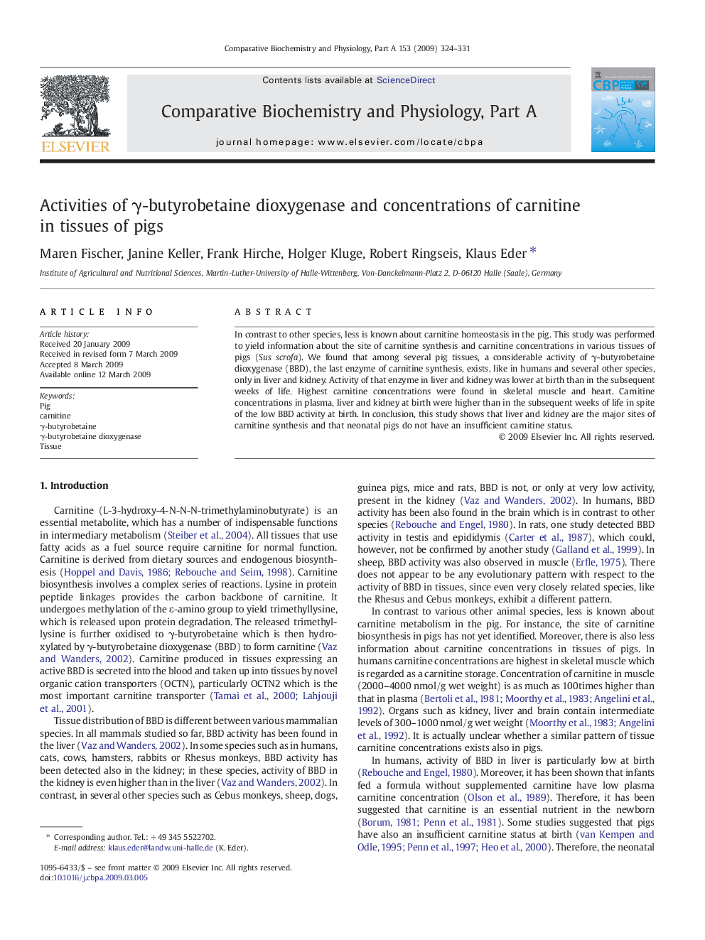 Activities of γ-butyrobetaine dioxygenase and concentrations of carnitine in tissues of pigs