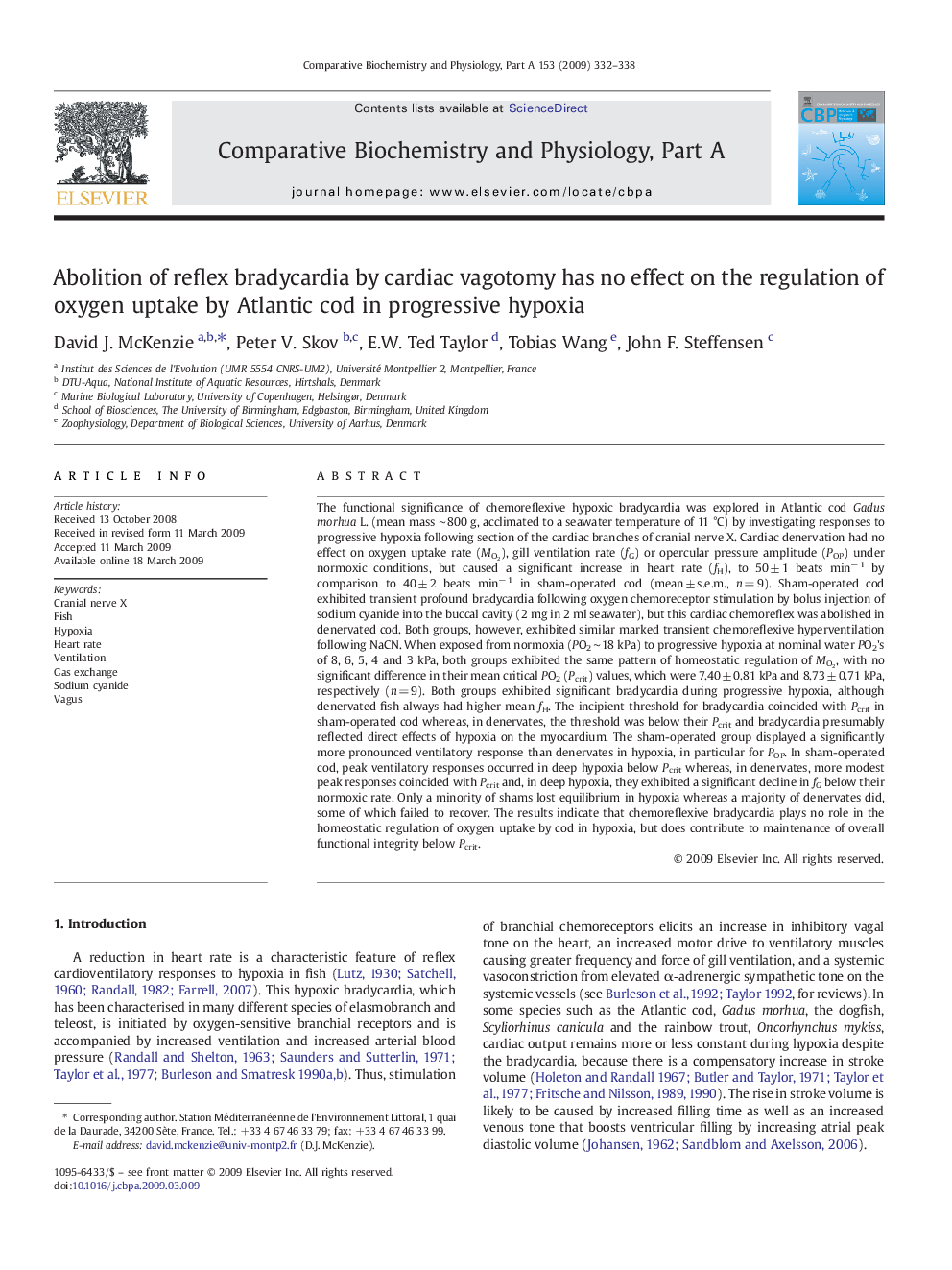 Abolition of reflex bradycardia by cardiac vagotomy has no effect on the regulation of oxygen uptake by Atlantic cod in progressive hypoxia