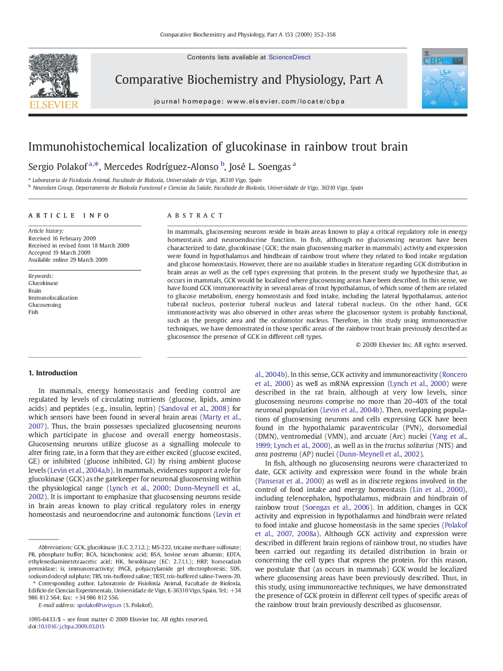 Immunohistochemical localization of glucokinase in rainbow trout brain